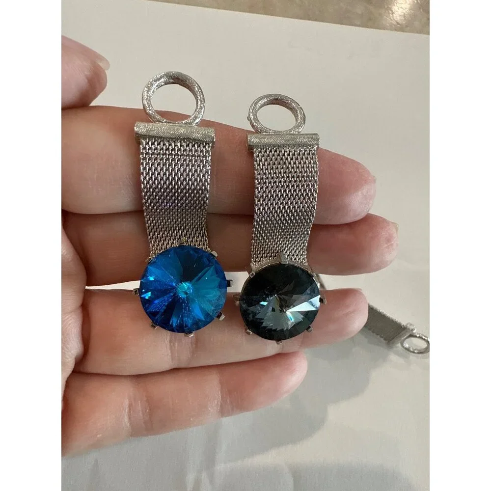 Vintage mesh cufflinks, Blue Black Rivoli Glass stones 2 pair